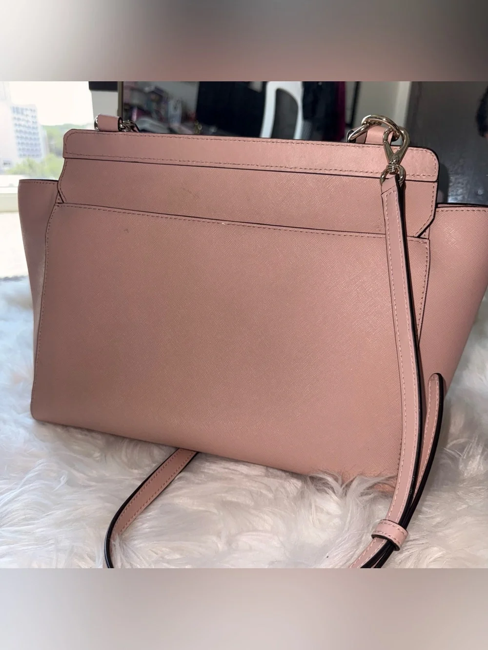 Henri Bendel West 57th Flap Satchel Pearl Gold Stud Rosewood Crossbody Strap